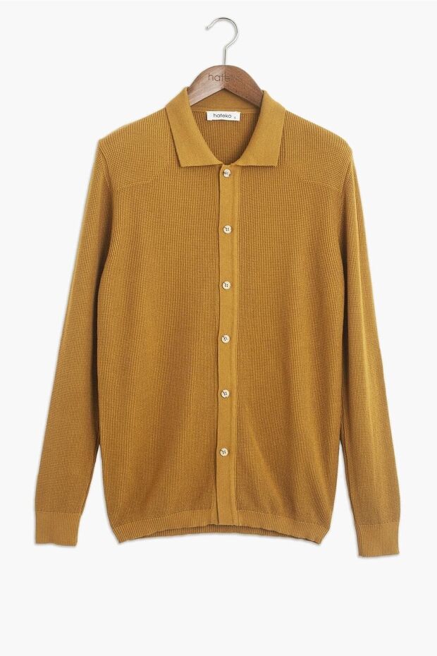 Pamuk-bambu Hardal Gömlek Yaka Triko Hırka - 1