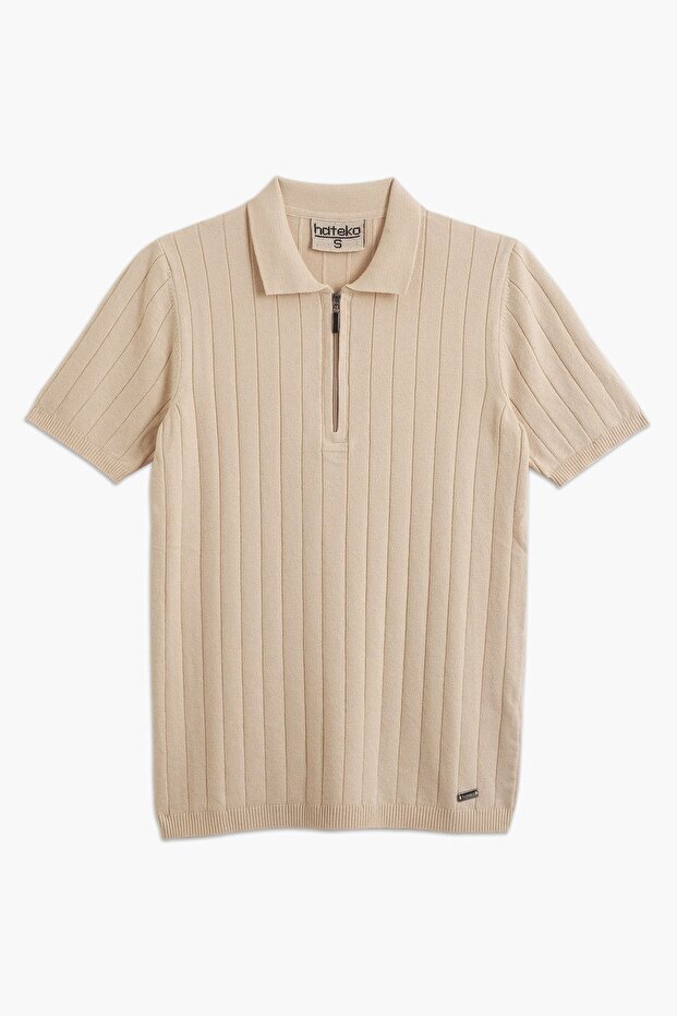 Hazelnut Half Zipper Polo Neck Knitwear T-Shirt