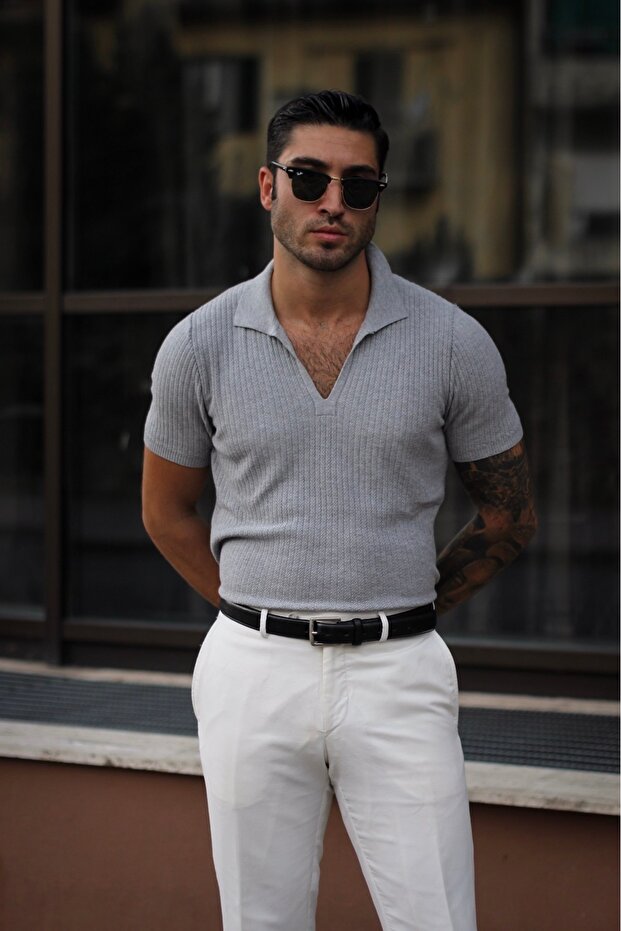 Light Gray V-Neck Knitwear Polo T-Shirt