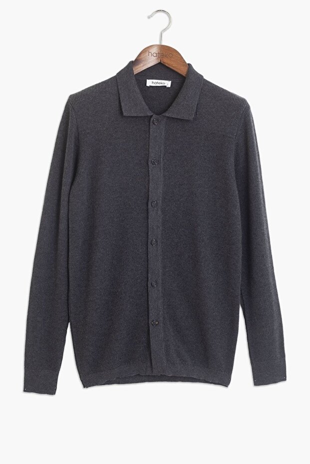 Pamuk-bambu Antrasit Gömlek Yaka Triko Hırka - 1