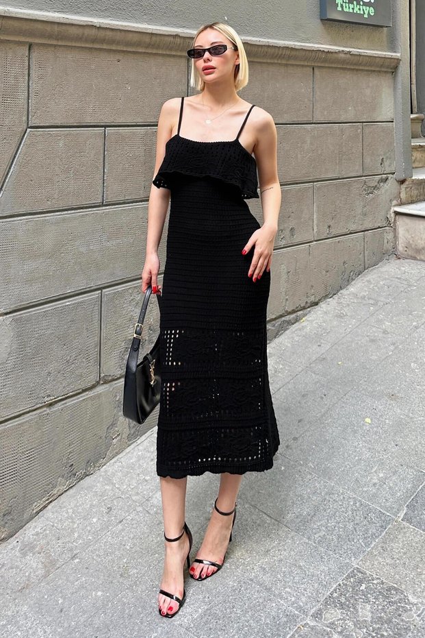 Black Hanging Neck Detail Openwork Knitted Women's Knitwear Midi Dress