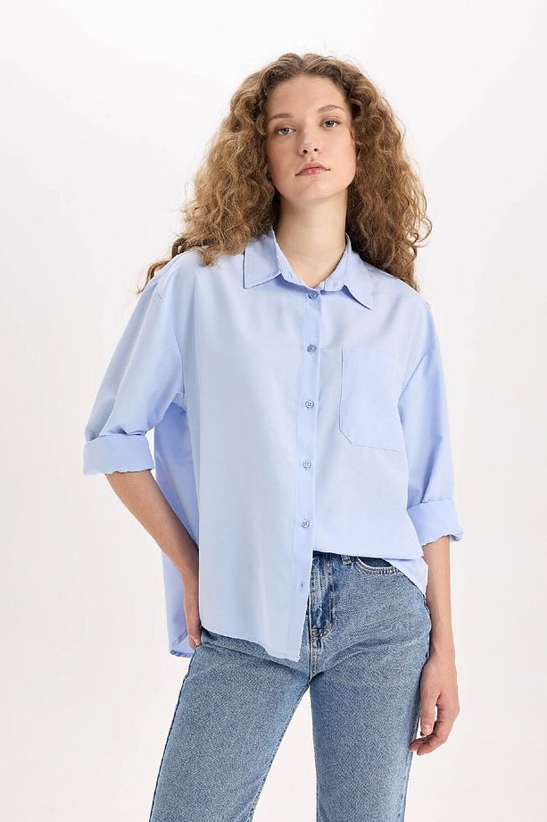 Oversize Geniş Kalıp Poplin Uzun Kollu Gömlek E2294AXNS - 1