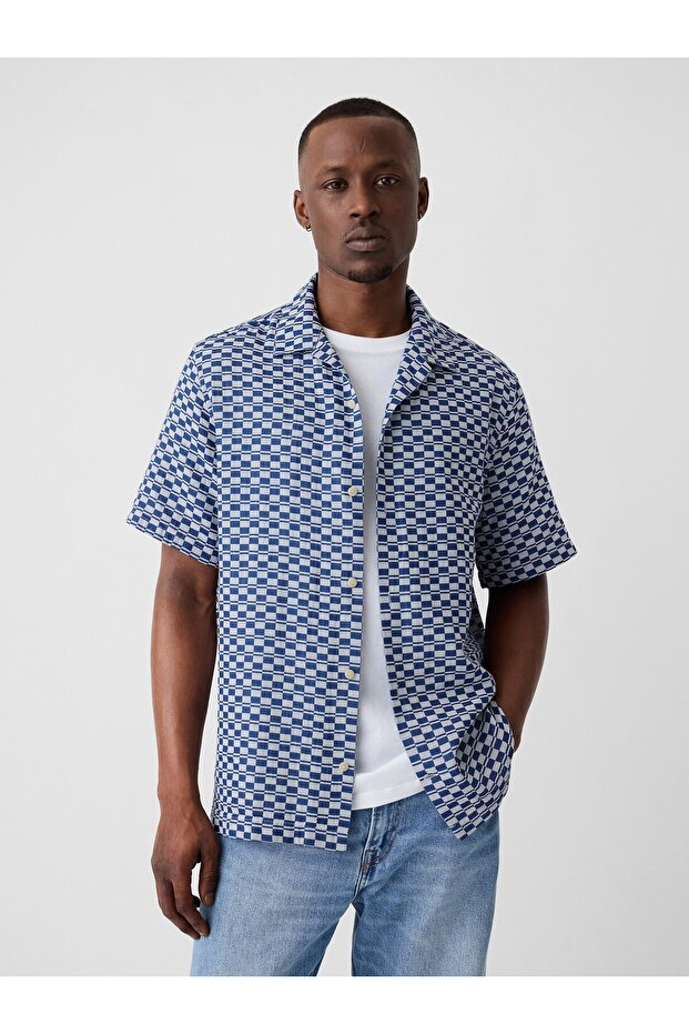 Erkek Mavi Desenli Patchwork Gömlek - 1