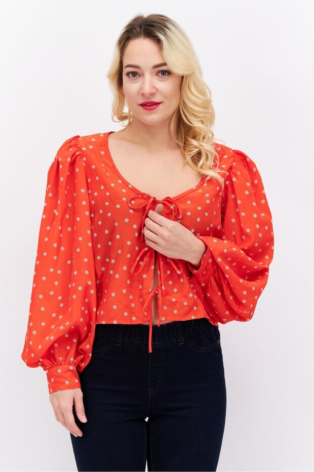 Women Tie Neck Long Sleeve Allover Print Top, Red