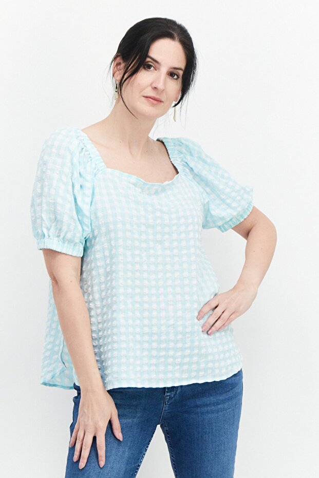 Women Square Neck Puffed Sleeves Gingham Pattern Top, Ocean Sky