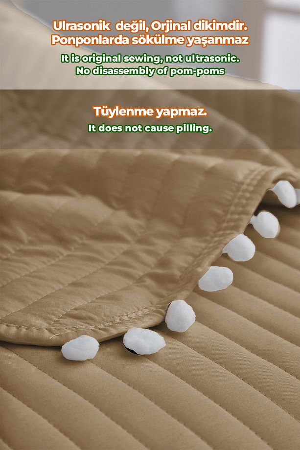 Ponponlu Çift Kişilik %100 Pamuk Yatak Örtüsü ( Pike ) Takımı Kahve - 3