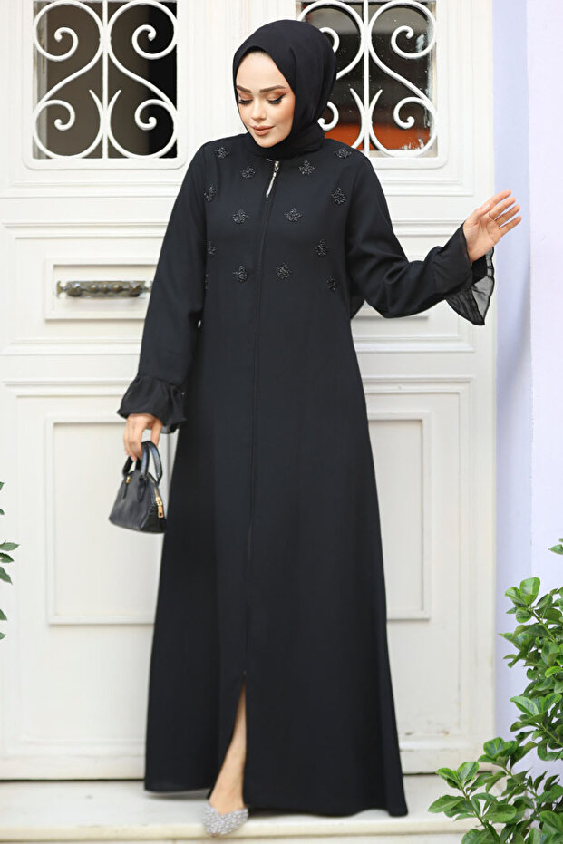 Bead Embroidered Black Hijab Abaya 520090 S