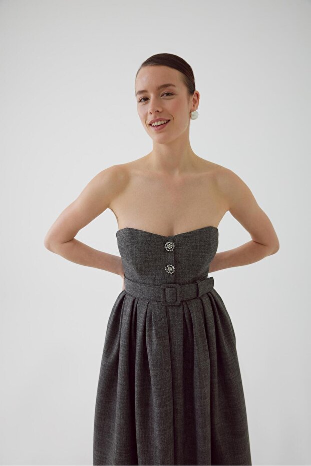 Kemerli Üstü Straplez Altı Pileli Antrasit Midi Elbise - 5