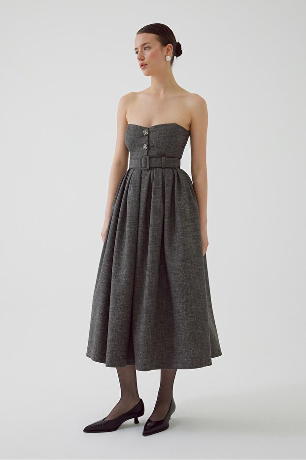 Kemerli Üstü Straplez Altı Pileli Antrasit Midi Elbise - 4