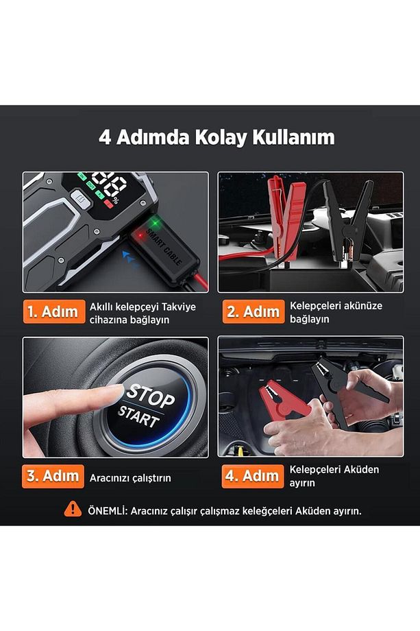 M01 15800mah 2000a Akü Takviye Cihazı Taşınabilir Jump Starter (POWERBANK LED LAMBA LCD EKRAN) - 2
