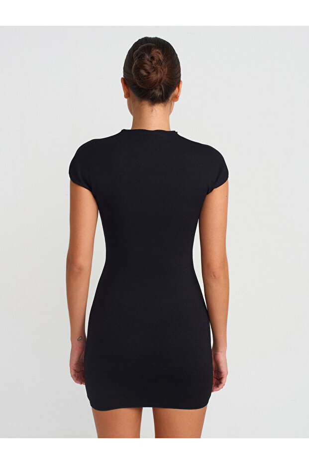 91305 Kısa Streç Örme Elbise-Siyah - 2