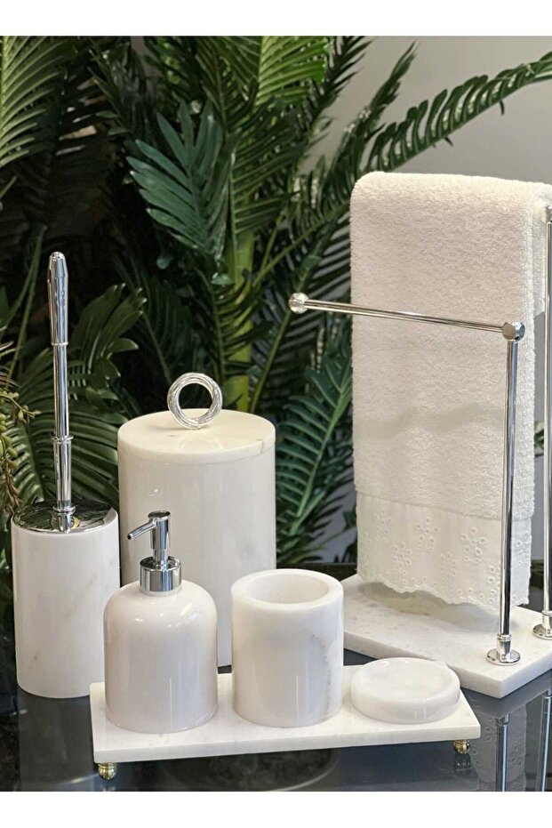 Asia- Silver Ring Detail White Marbroom Bathroom Set - 7 Pieces