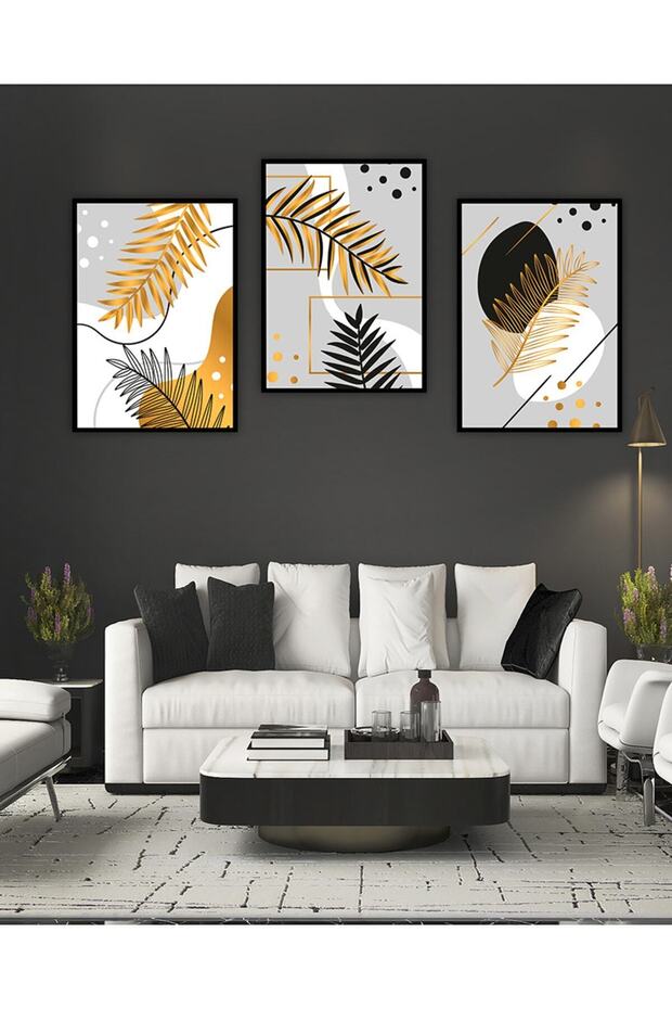 Dekorize Mdf Tablo Seti 3 Parça 3 Mm - Altın Yaprak Salon Oturma Odası Için Duvar Dekoru - 3031 - 1
