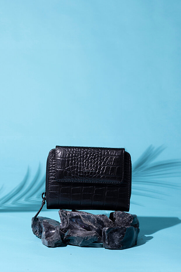3802 Genuine Leather Small Women's Wallet Croco Black