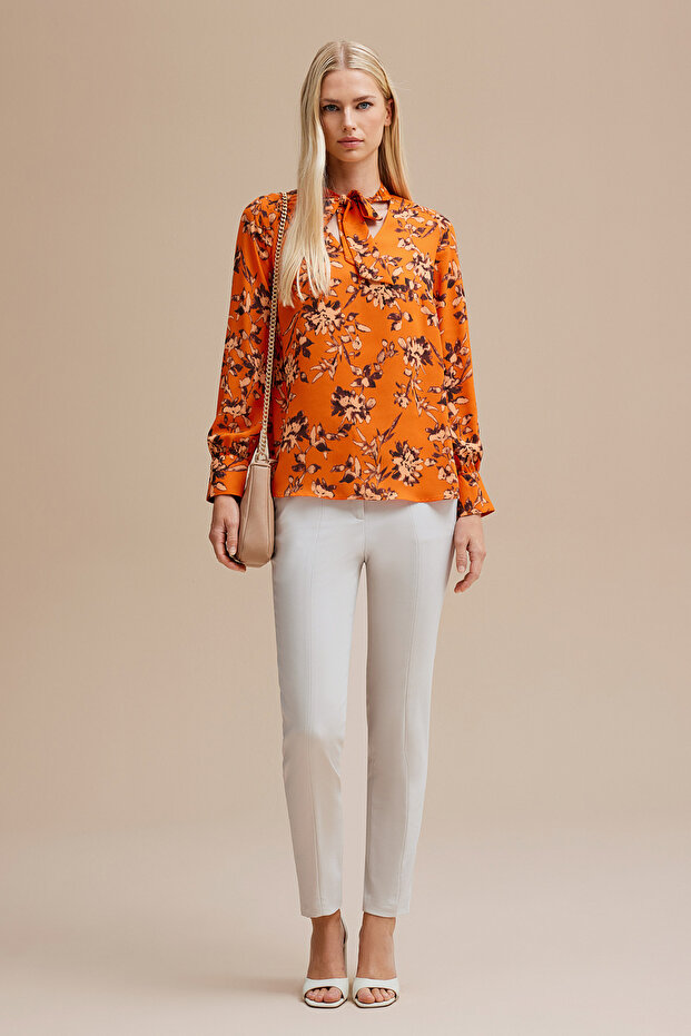 Patterned Blouse with Tie Collar - 1