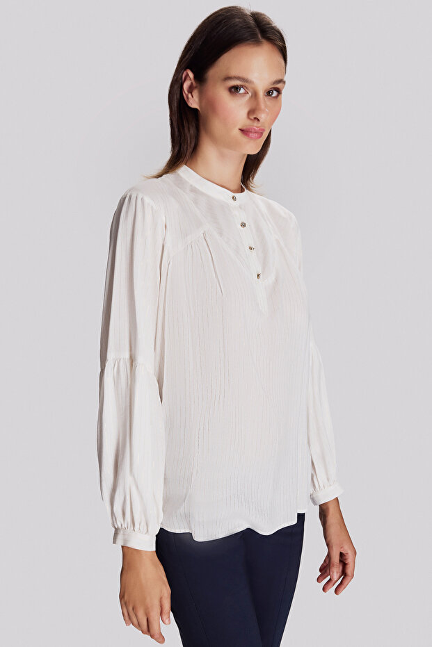Drawstring Detailed Half Placket Blouse - 1