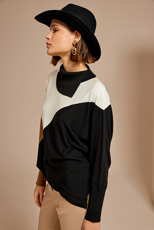 Color Block Yaka Detaylı Triko Bluz - 4