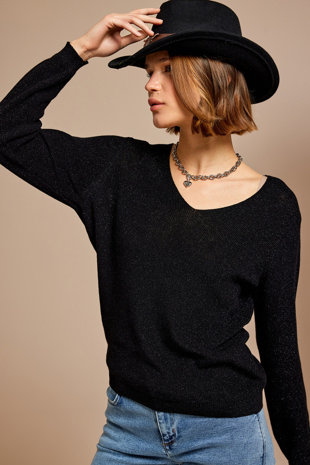 V Yaka Simli Triko Bluz - 1