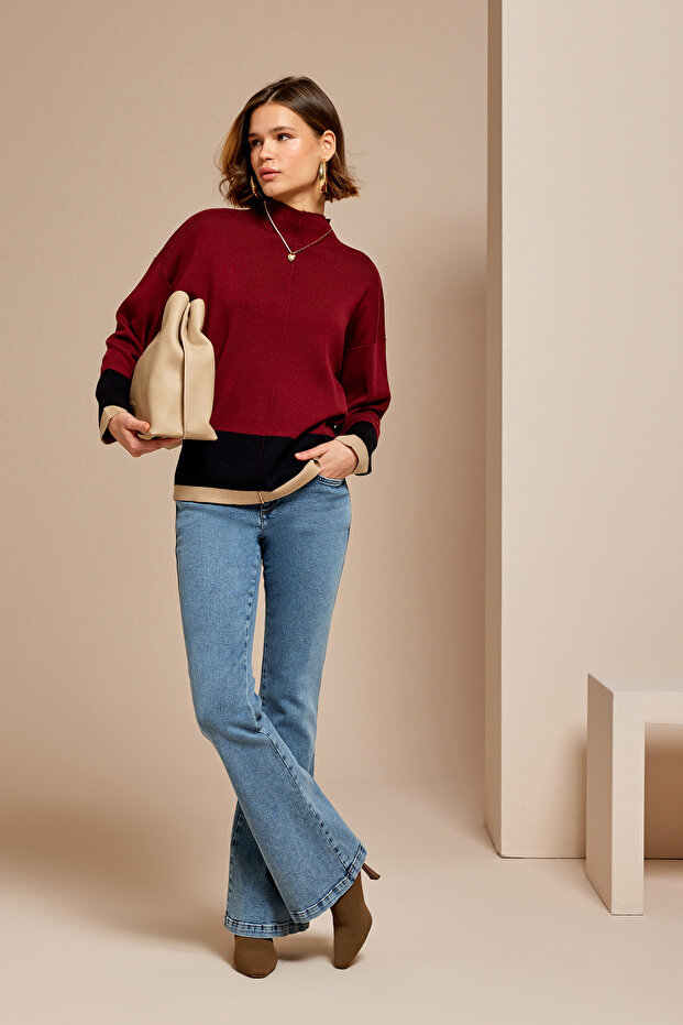 Kontrast Dik Yaka Triko Kazak - 2