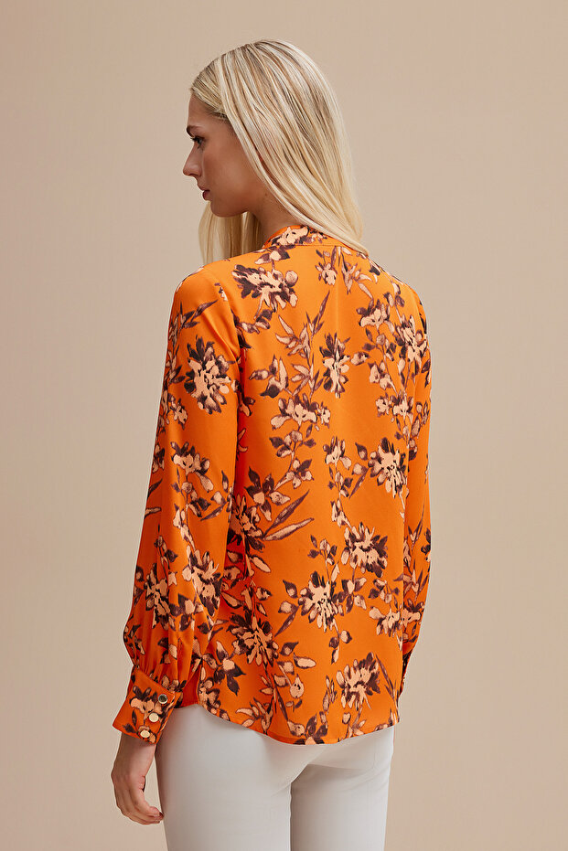 Patterned Blouse with Tie Collar - 5