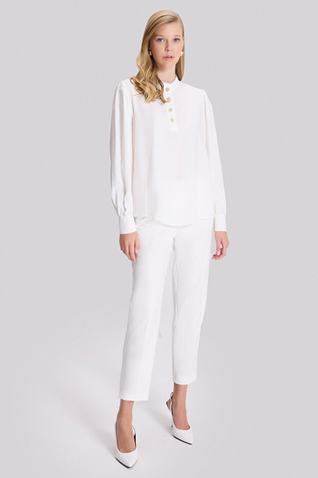 Düğmeli Dik Yaka Bluz - 2