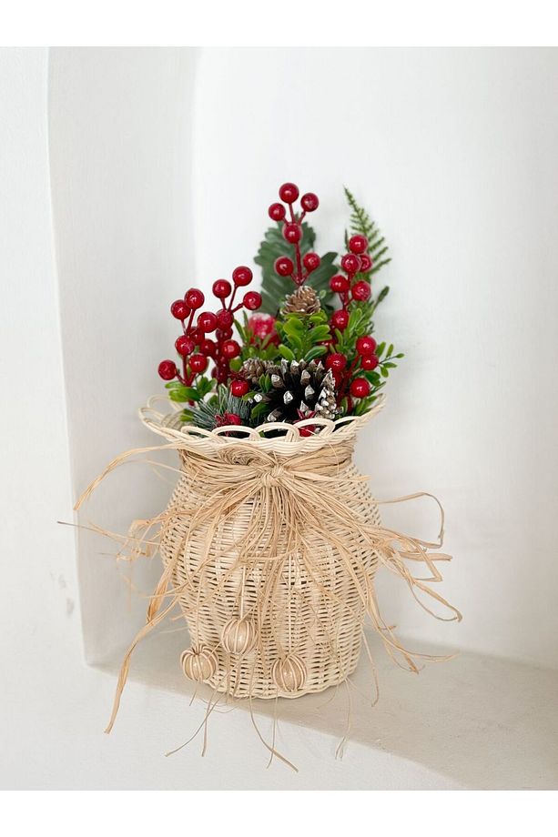 Rattan Vazo & Yapay Kırmızı Kokina Seti Yılbaşı Konsept - 3