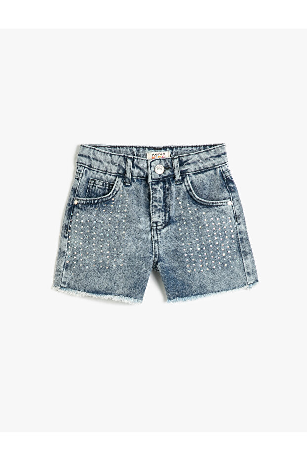 Cotton Denim Shorts - Bead Embroidered, Pockets, Adjustable Waist Elastic