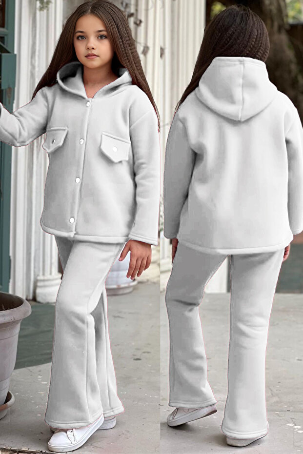 3 Yarn Fleece Tracksuit Set for Girl - Loose Leg with Snaps