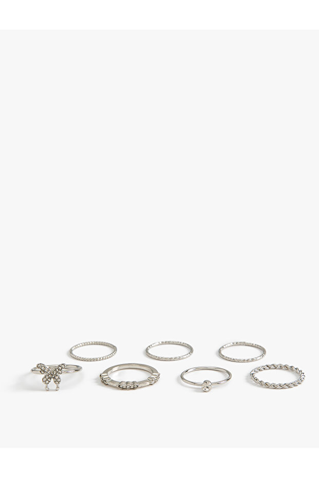 Set of 7 Butterfly Stone Steel Rings