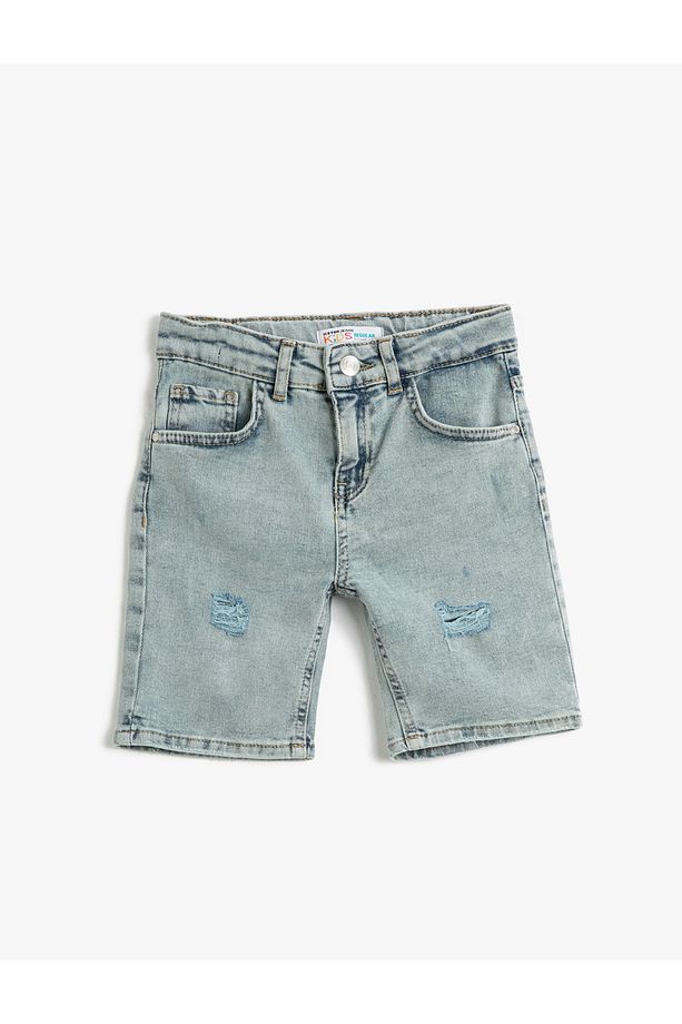 Kot Şort Bermuda Cepli Pamuklu - Slim Fit Beli Ayarlanabilir Lastikli - 1