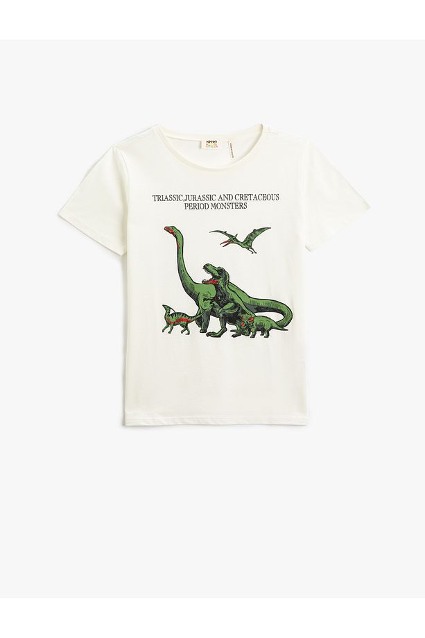 Dinozor Baskılı Kısa Kollu Tişört Yuvarlak Yaka - 1