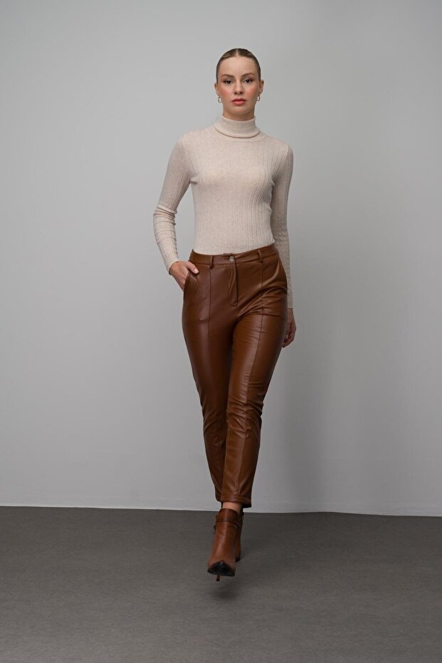 Skin Look Skinny Fit Trousers with Stitching Detail Taba 7562