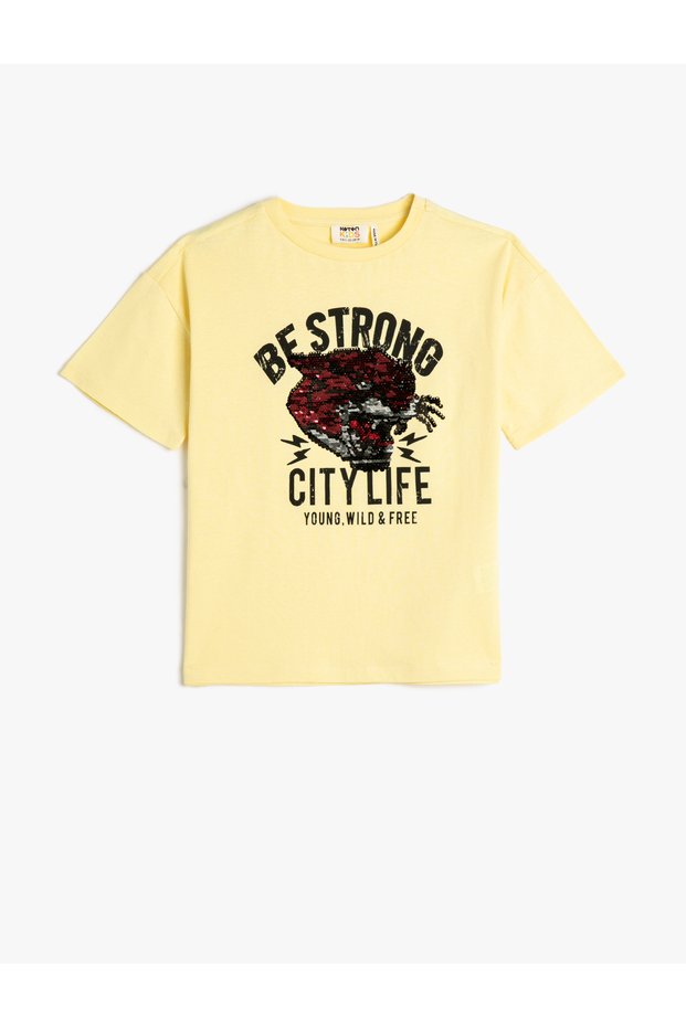 T-Shirt Short Sleeve Crew Neck Tiger Sequin Embroidered Cotton
