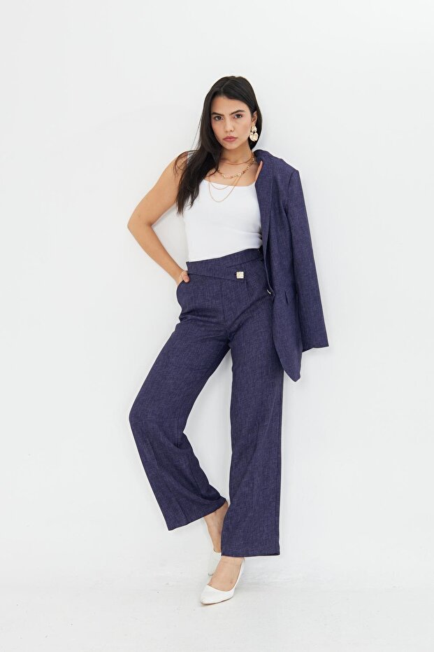 Kare Düğmeli Yünefekt Takım Lacivert Desenli - 6