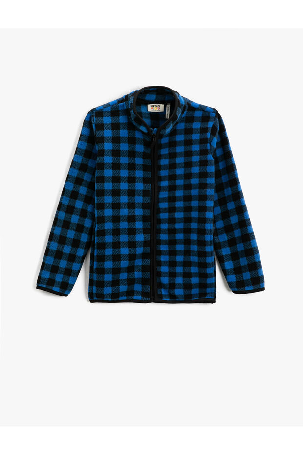 Fleece Cardigan Plaid Stand Collar Zipper Long Sleeve
