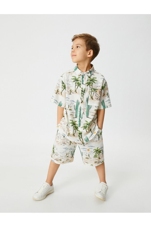 Linen Shirt Short Sleeve Safari Print Single Pocket