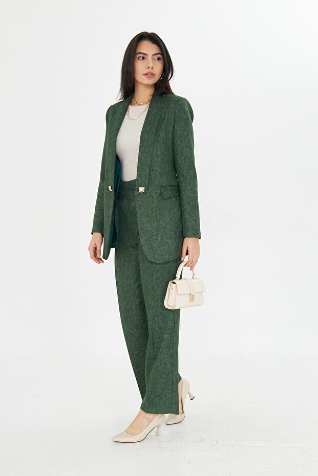 Kare Düğmeli Yünefekt Takım Zümrüt - 3