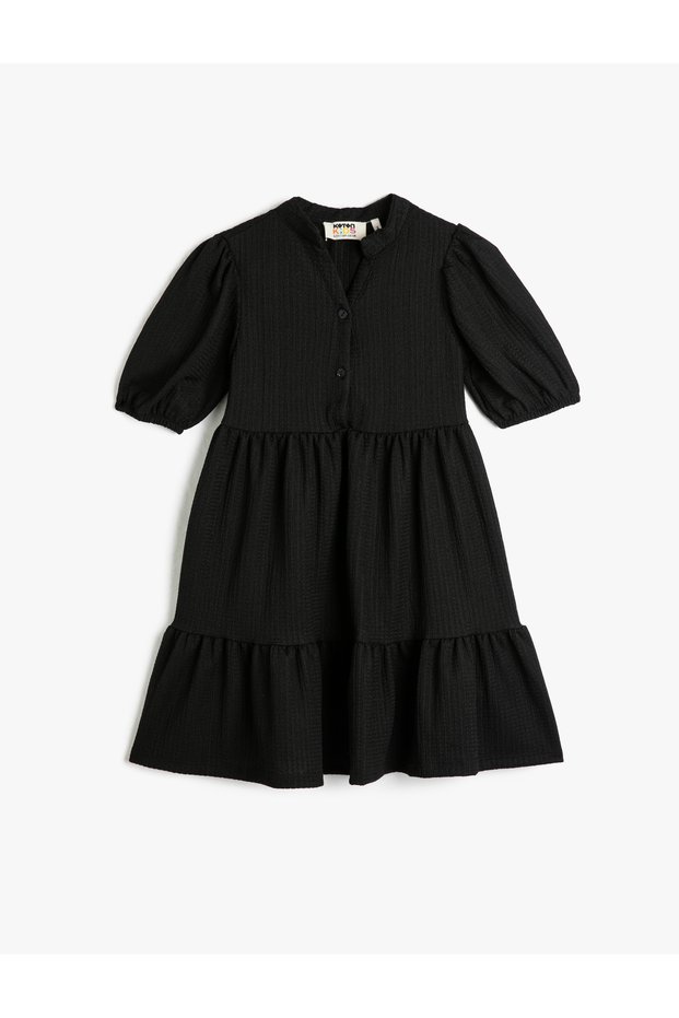 Dress Long Short Balloon Sleeve Mandarin Collar Buttoned