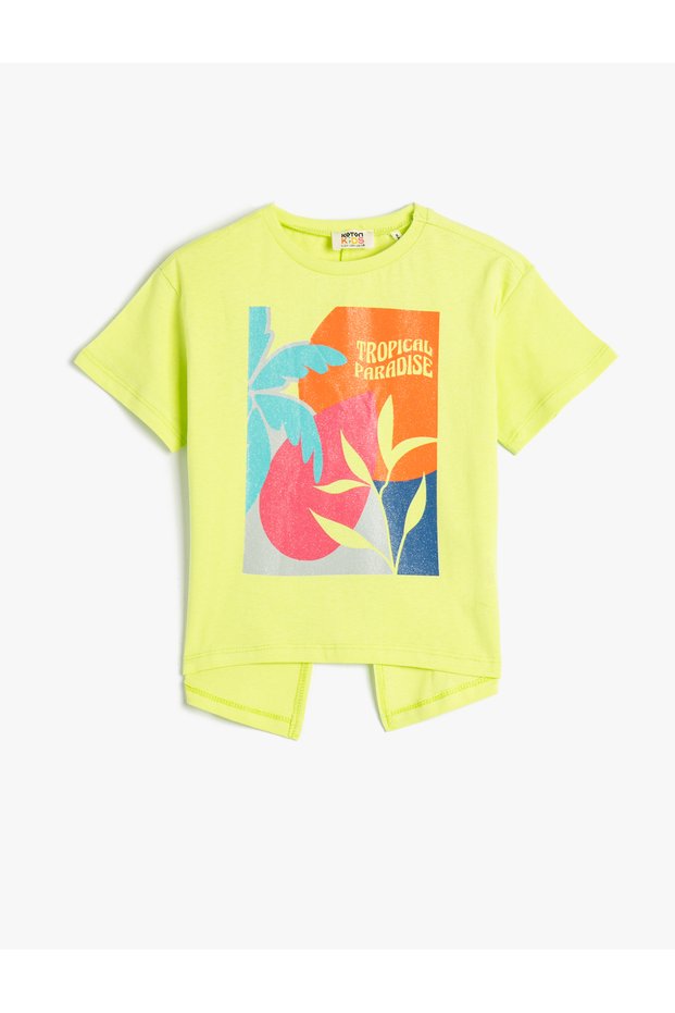 T-Shirt Tropical Patterned Slit Detail on the Back Short Sleeve Cotton