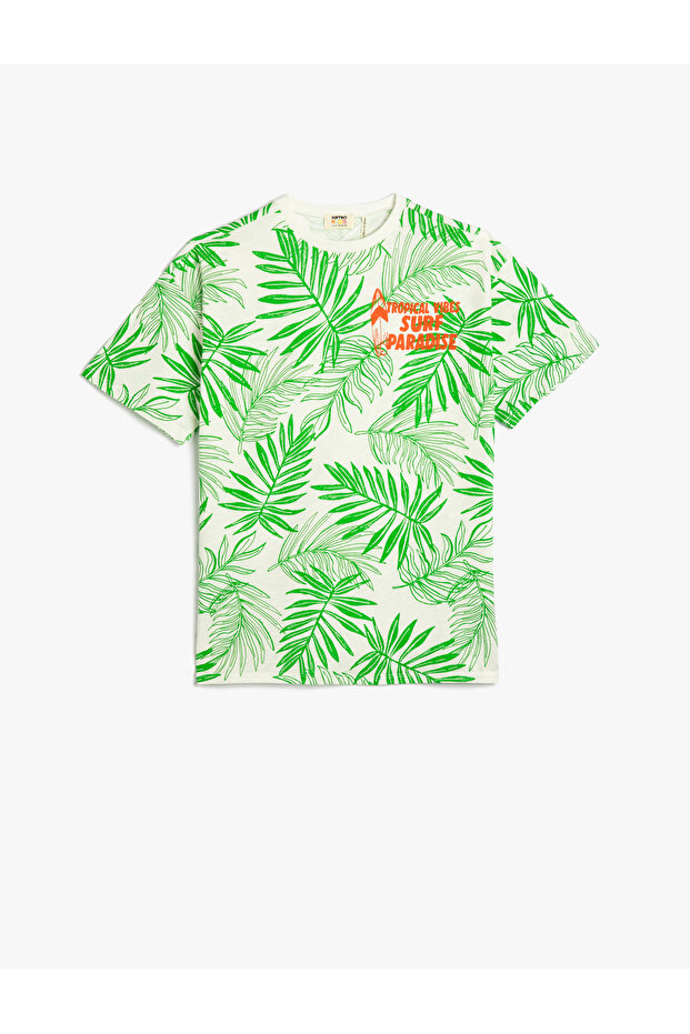 T-Shirt Crew Neck Short Sleeve Tropical Printed Cotton