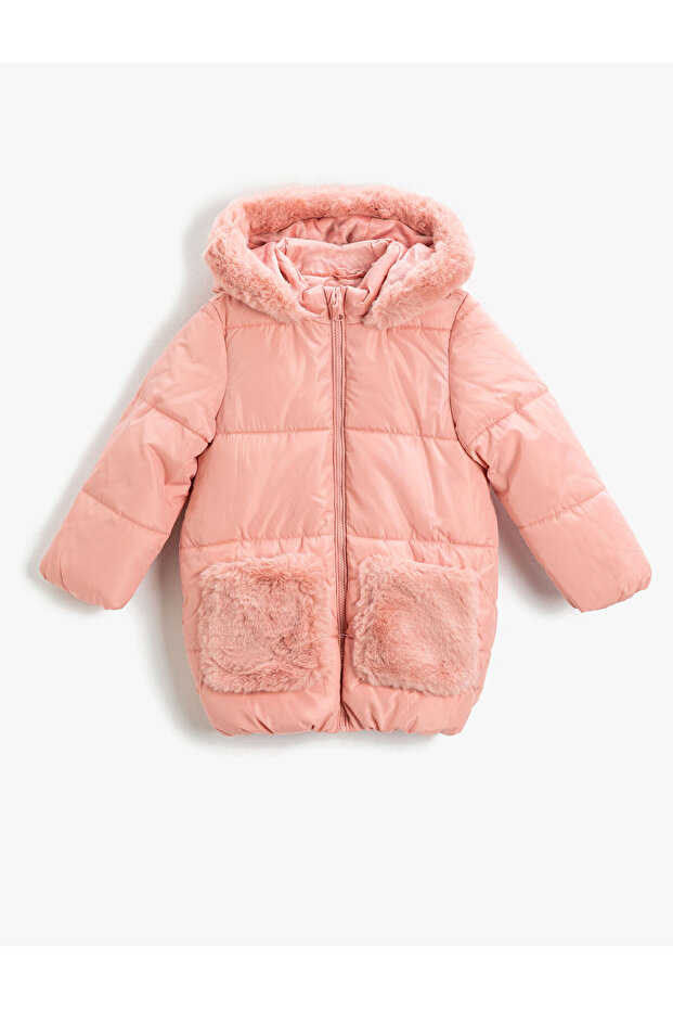 Long Puffer Jacket with Plush Detail and Pockets