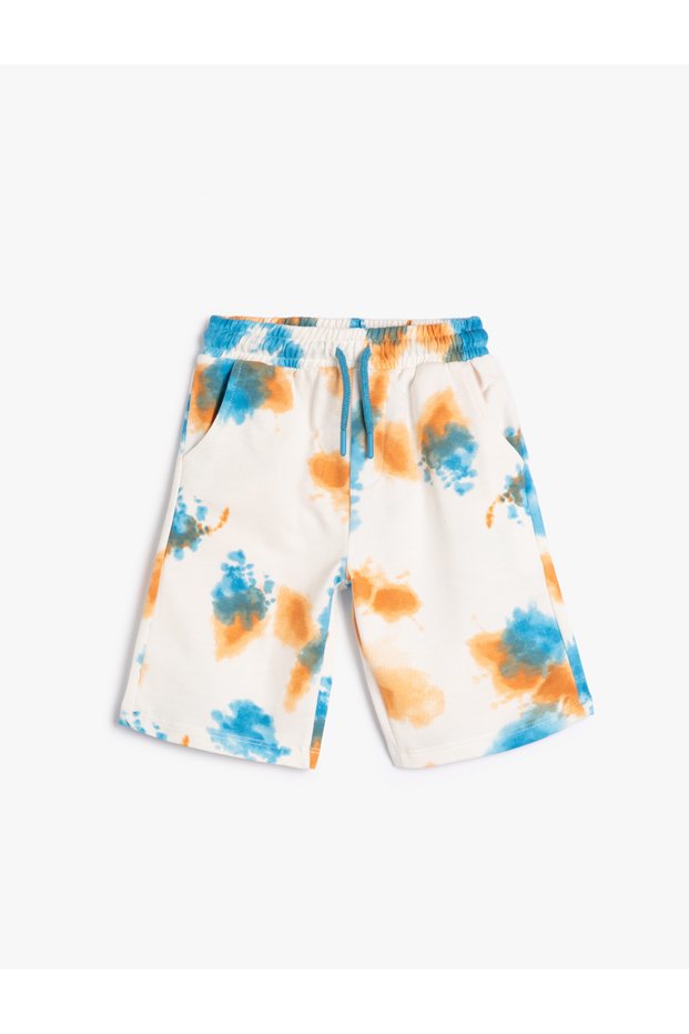 Tie Dye Patterned Cotton Shorts with Pockets and Elastic Waist