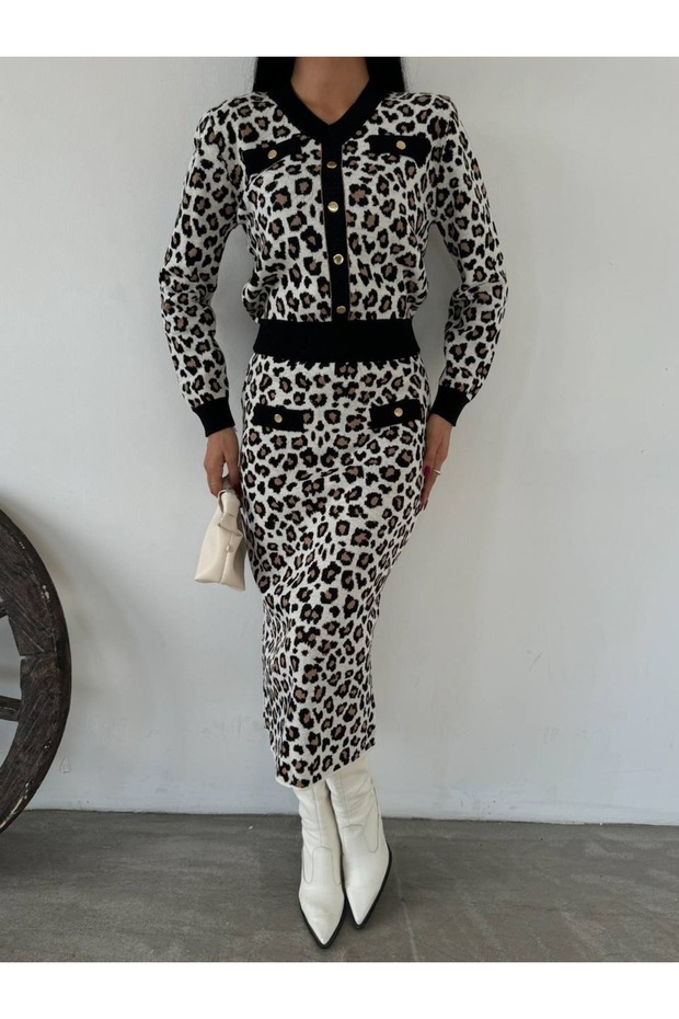 Leopard Pattern Button V-Neck Skirt Suit - 2