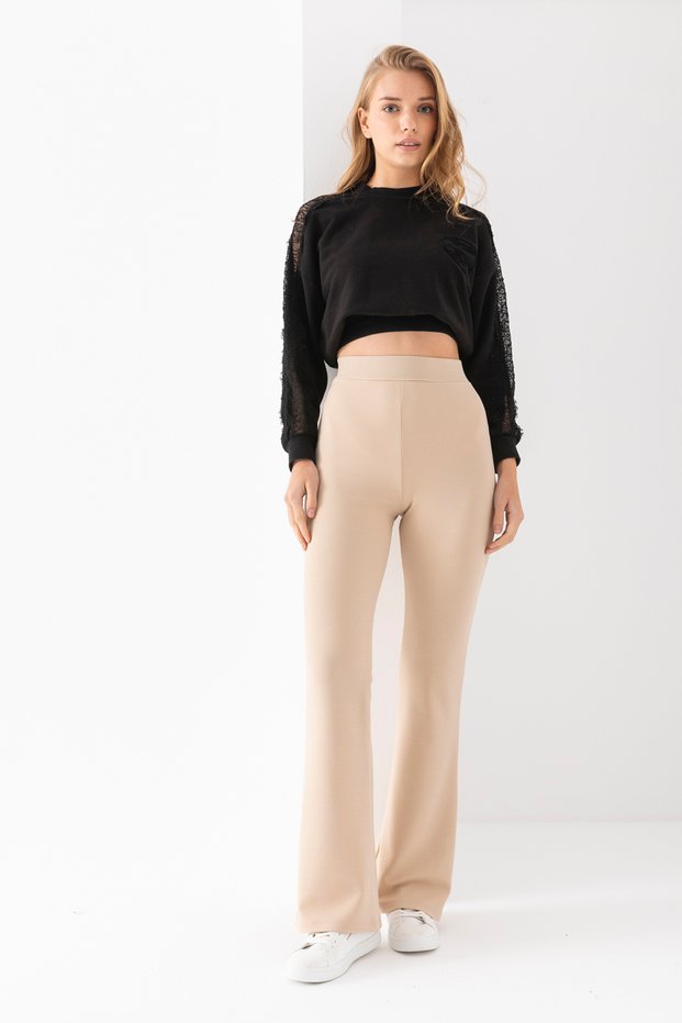 Women's Beige Spanish Leg Crepe High Waist Lycra Regenerating Leggings Pants