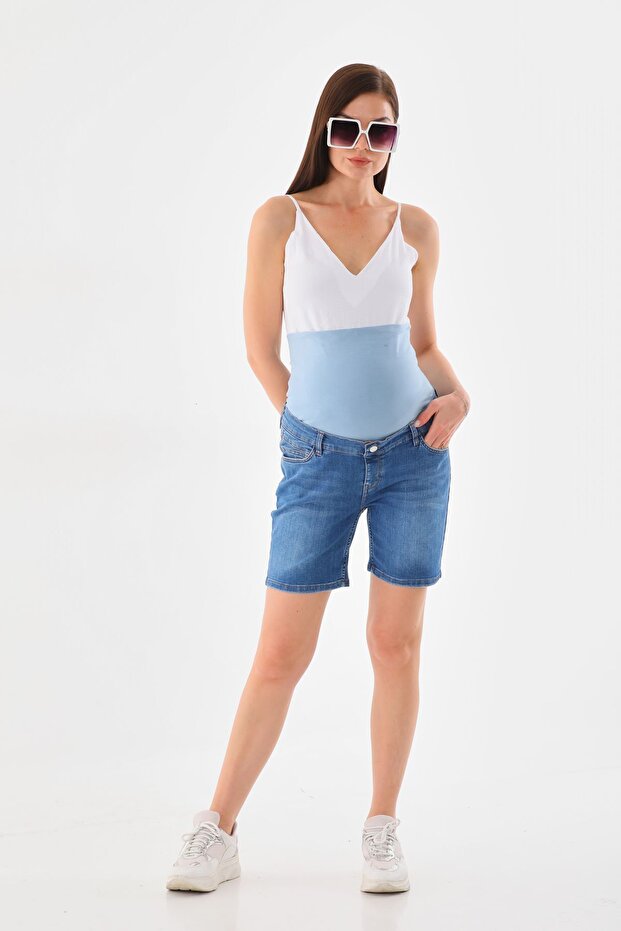 Women's Maternity Denim Shorts Stretchy Comfortable Fit with Abdominal Band Blue