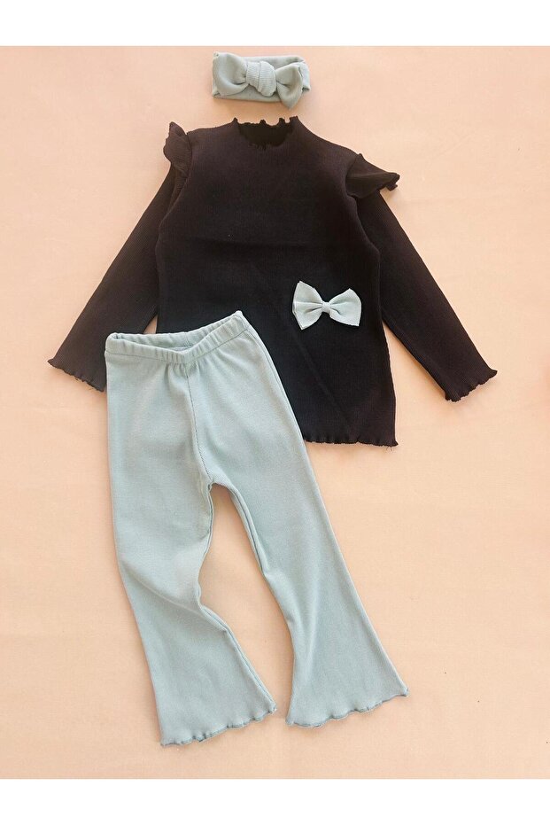 Baby Girl Bow Detailed Black Green Spanish Flared Bandana Top and Bottom Set