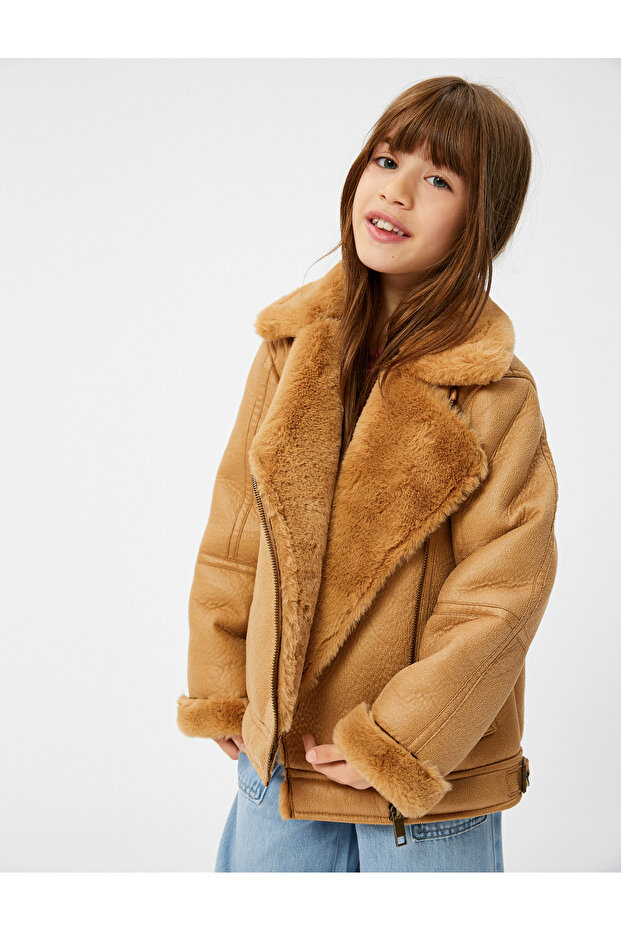 Biker Jacket Leather Look Faux Fur Collar Detailed Zippered