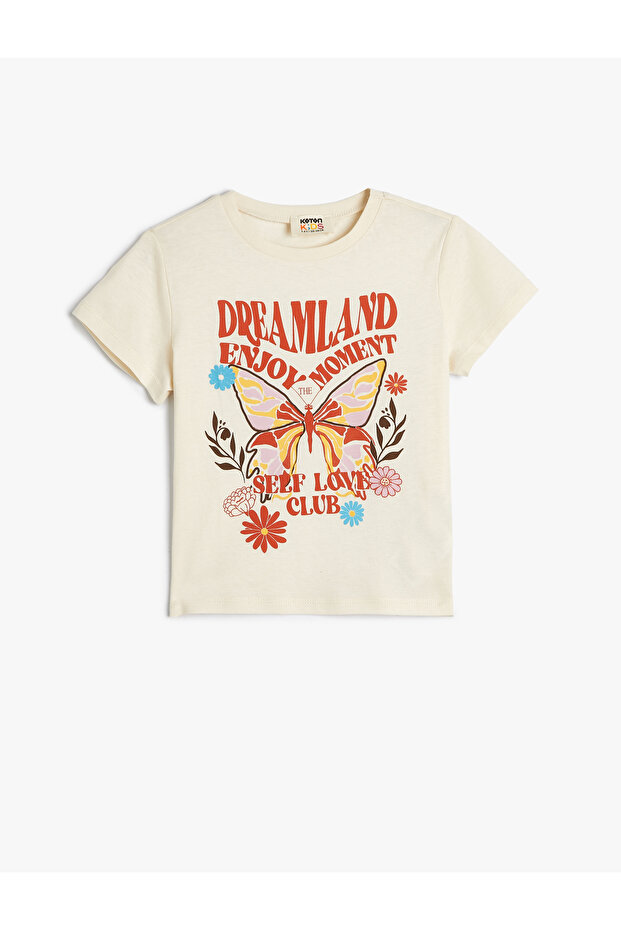 T-Shirt Short Sleeve Crew Neck Butterfly Printed Cotton