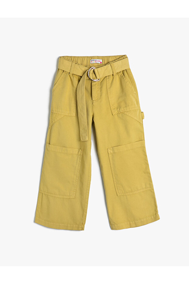 Belted Jeans Trousers Wide Leg Cargo Pocket Cotton