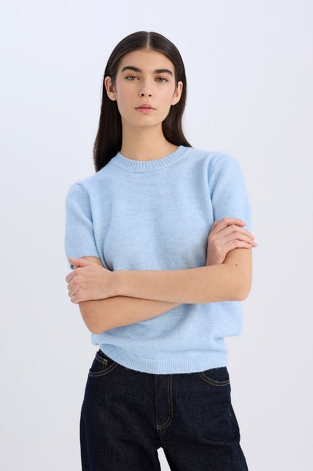 Regular Fit Bisiklet Yaka Basic Düz Triko Kısa Kollu Tişört  Kazak E3214AX24WN - 4